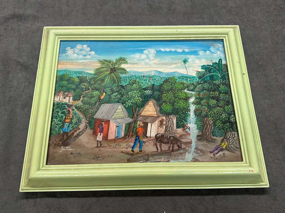 Lot 387: Charming Haitian Village Scene – Signed Jean Patrice...