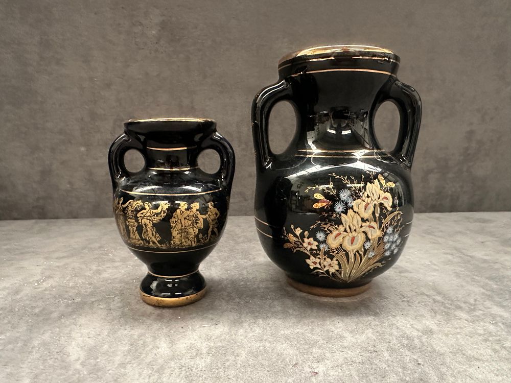Lot 642: A Pair of Black-Glazed Ceramic Amphora-Style Vases, Hand Made in Greece