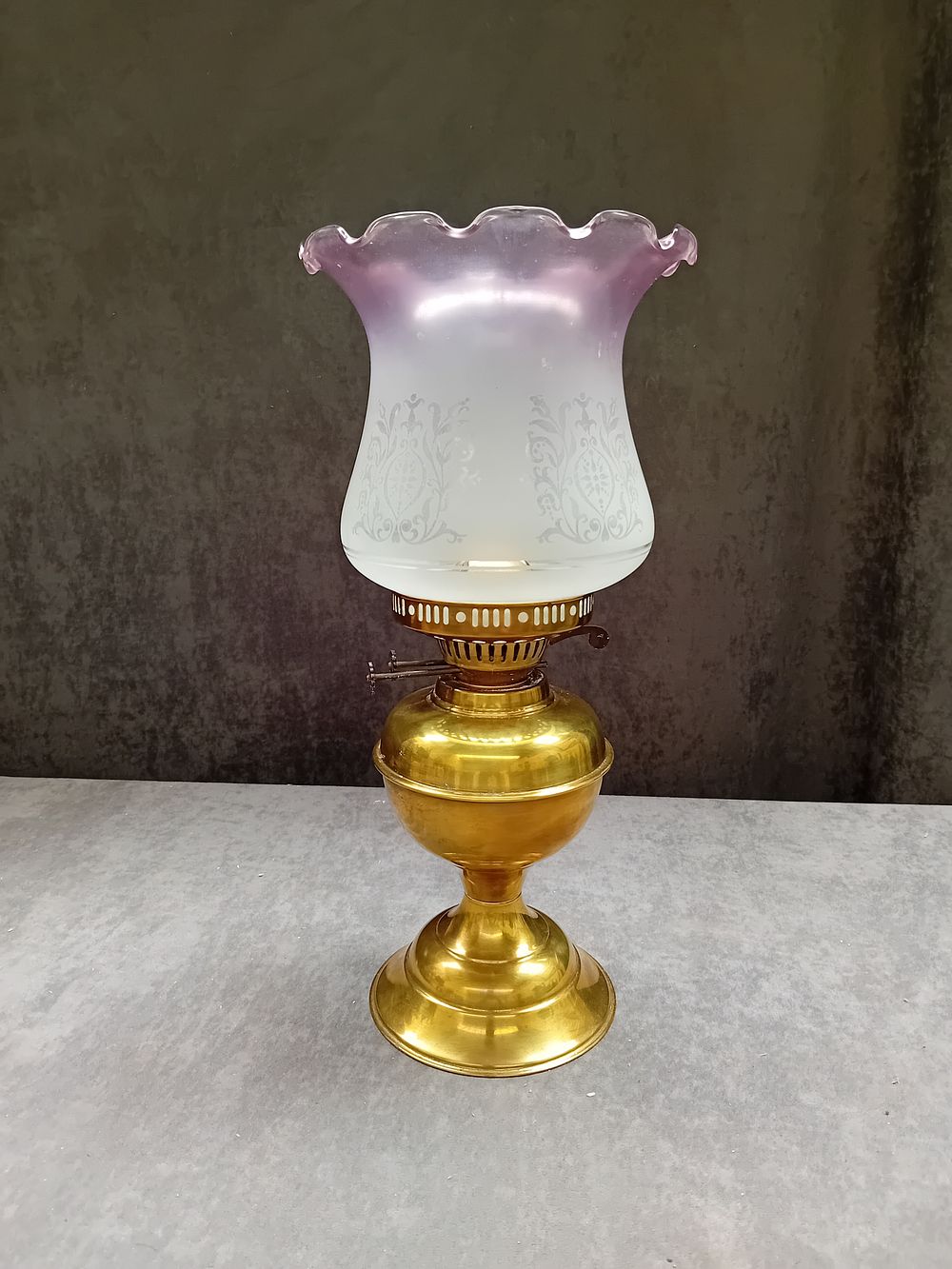 Lot 488: Brass and glass Oil Lamp With purple and...