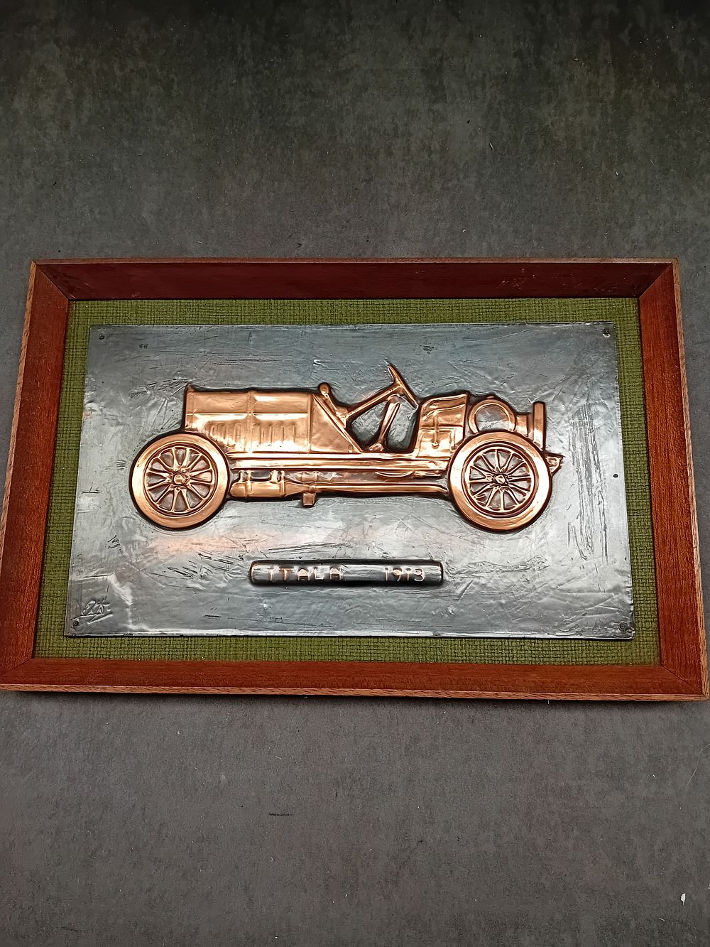Lot 180: Framed Hand-Wrought Repoussé Metal Wall Art, ITALA 1913 Automobile