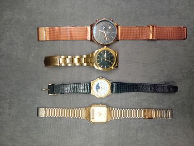 4 x gold coloured watches, Timex Quartz 392 k cell, CRRUJU 2266 stainless, 17 jewls watch and 
