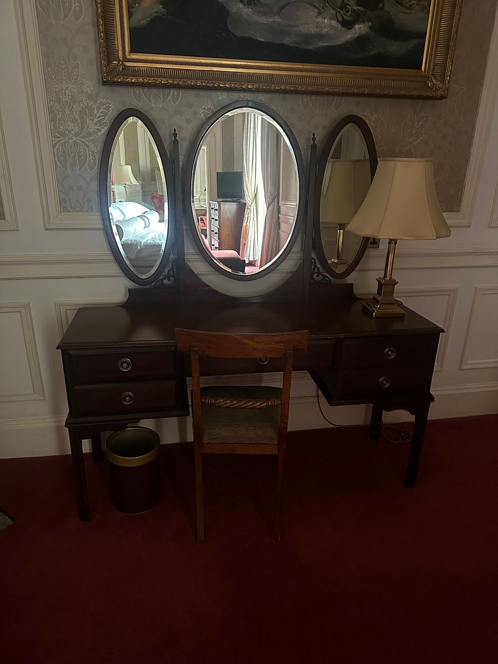 Lot 1000: A 1930s Antique Wood Dressing Table (Desk) with Triptych Mirror and Matching Chair