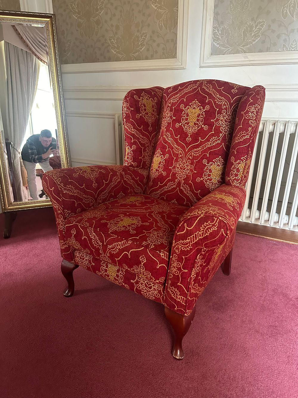 Lot 1010: A Queen Anne Style Red and Gold Floral Brocade Upholstered Wingback Armchair