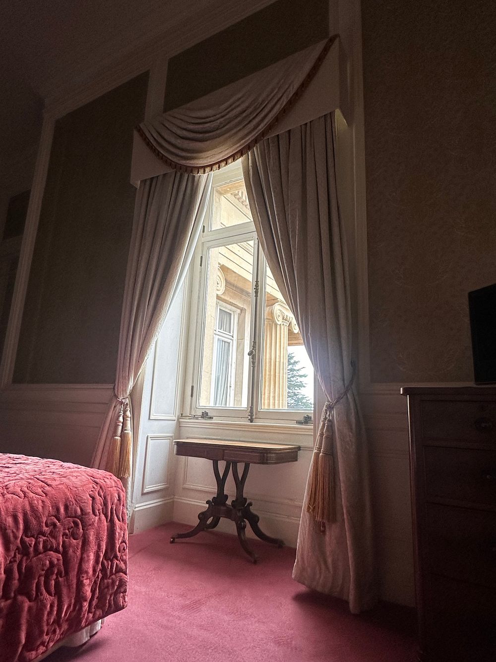 Lot 1015: Three Neoclassical Style Custom Fabric Window Dressing Sets, comprising Drapes, Pelmets, and Tie-backs