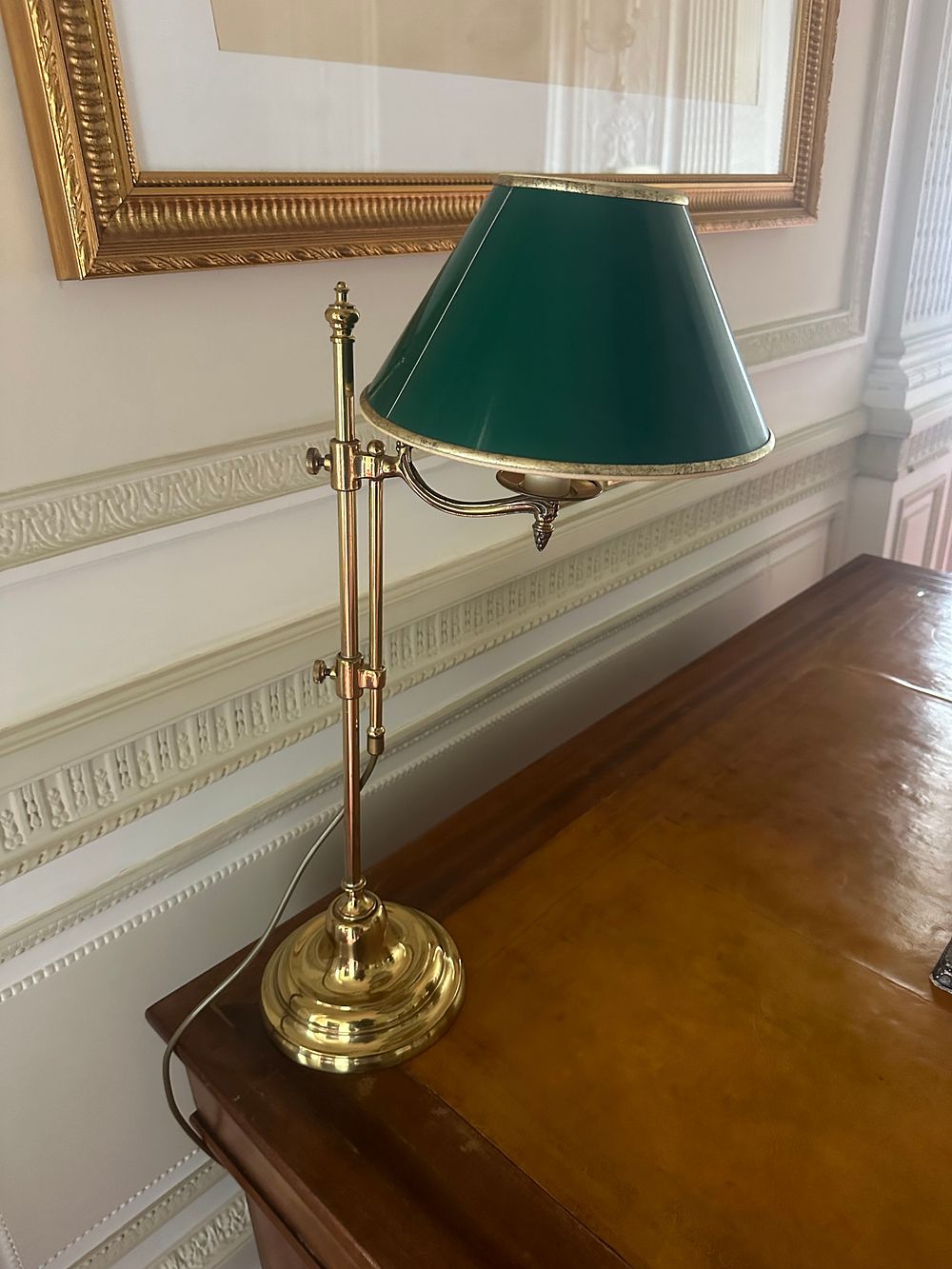 Lot 1031: A Traditional-Style Adjustable Brass Desk Lamp with Green Conical Shade