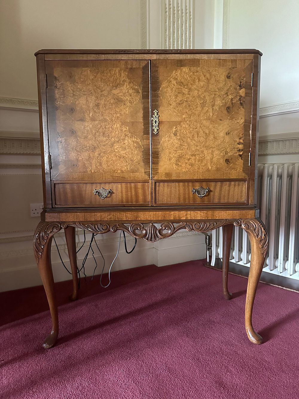 Lot 1036: Mid-20th Century Burr Walnut Queen Anne Style Cocktail Cabinet, adapted to include a Television