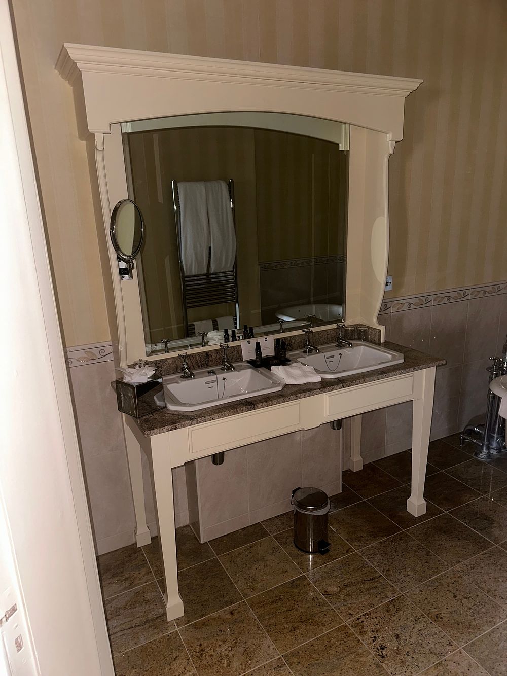 Lot 1041: A 21st Century Traditional Cream-Painted Wood and Stone Double Basin Vanity Unit, with Waverley Basin