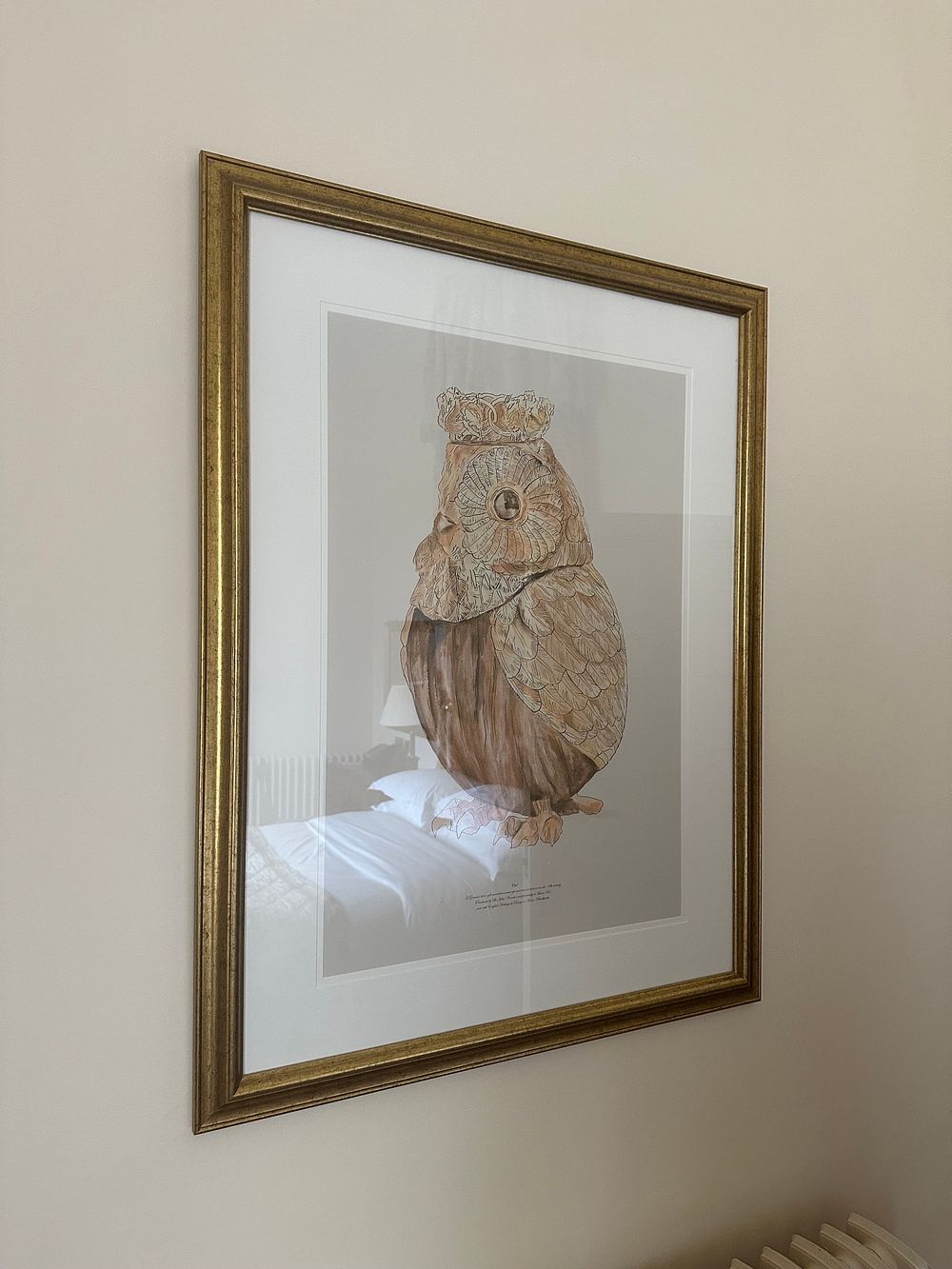 Lot 1042: A Framed Reproduction Print Depicting a 19th Century German Silver-Gilt Mounted Coconut Owl Cup