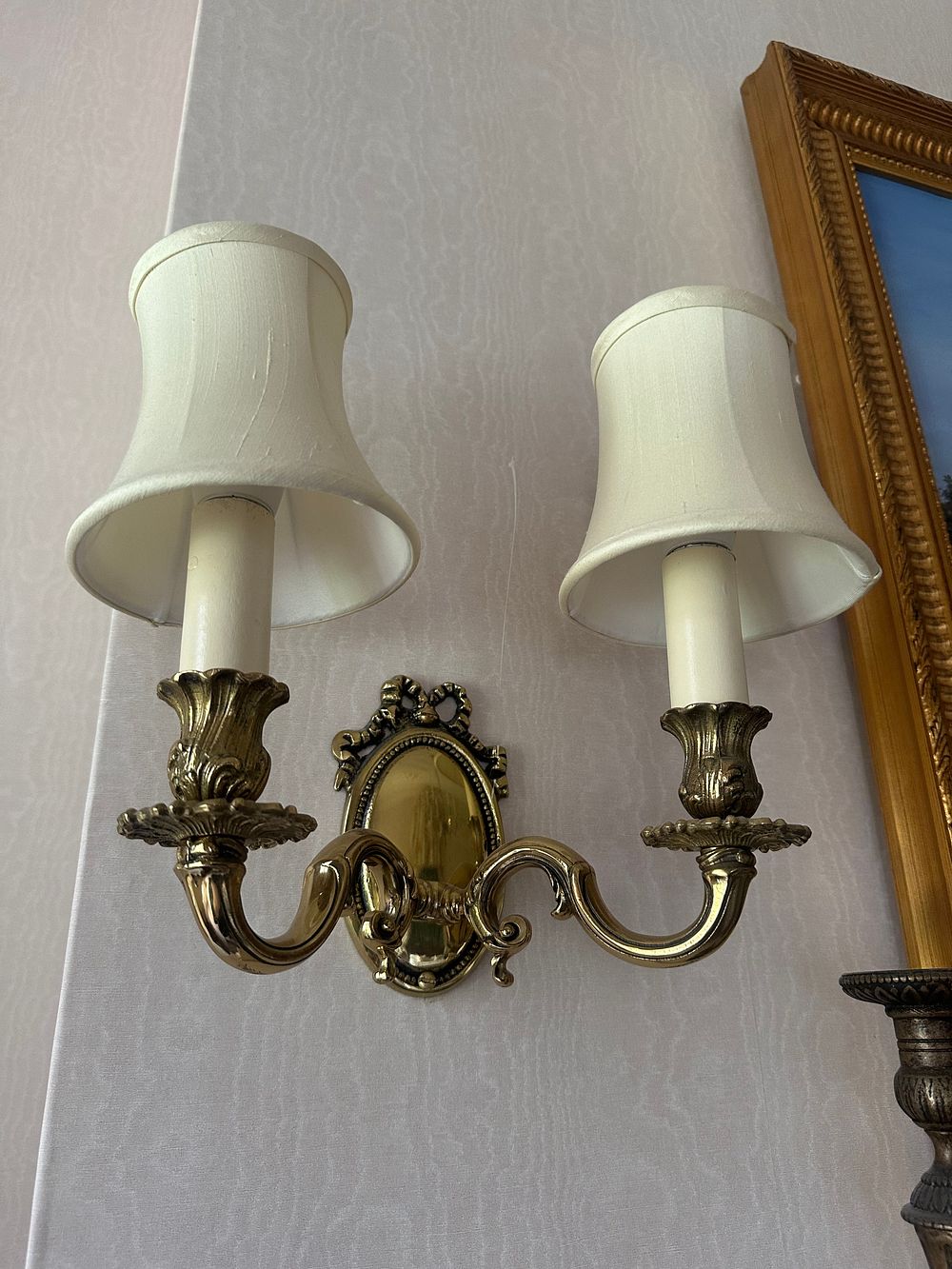 Lot 1068: A Pair of Brass Two-Light Wall Sconces with Fabric Shades, Rococo Revival Style