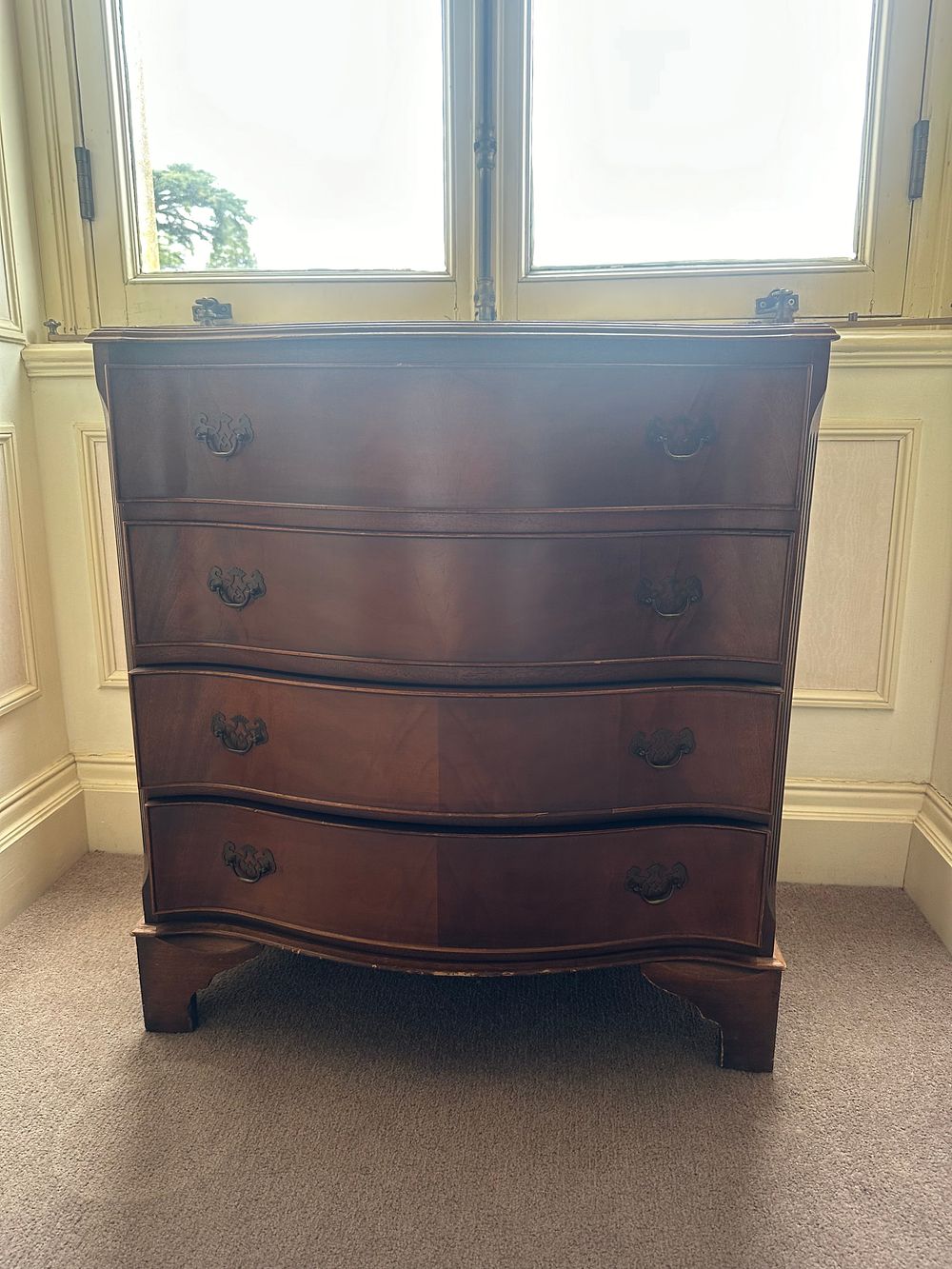 Lot 1073: Late 20th Century Burr Walnut Serpentine Chest of Drawers with Brass Handles