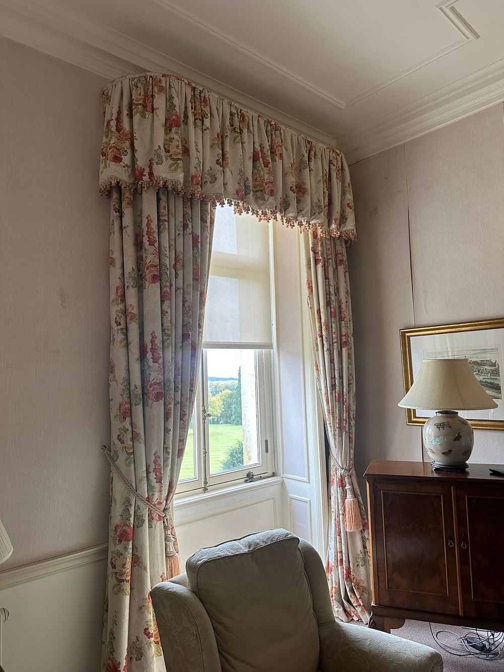 Lot 1081: 2 Pairs of French Country Style Floral Curtains with Valance and Tie-Backs