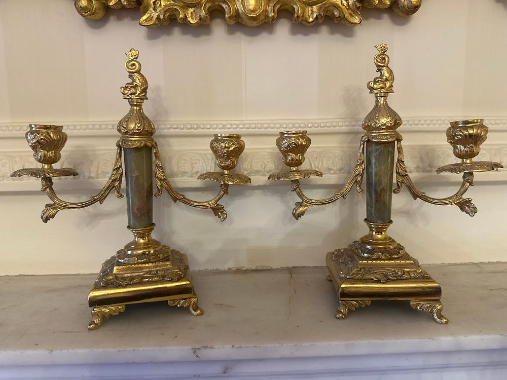 Lot 1179: A Pair of 19th Century French Empire Style Ormolu and Green Onyx Candelabra