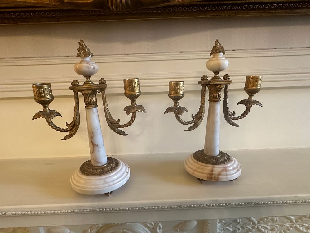 Lot 1212: A Pair of 19th Century French Gilt Bronze and Marble Candelabras