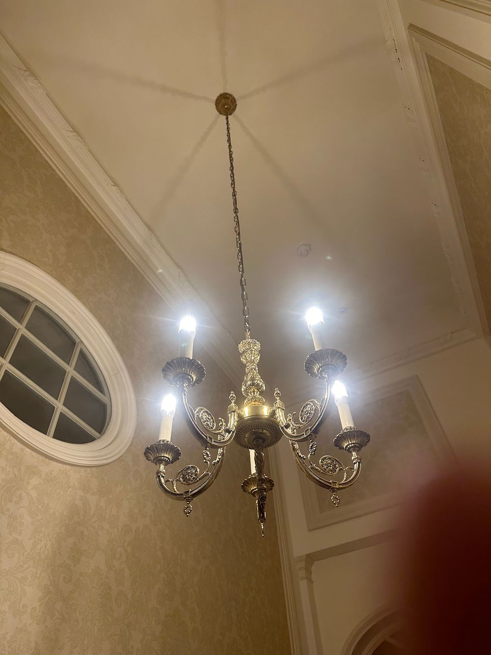 Lot 1234: A Rococo Revival Style Five-Arm Brass-Toned Chandelier