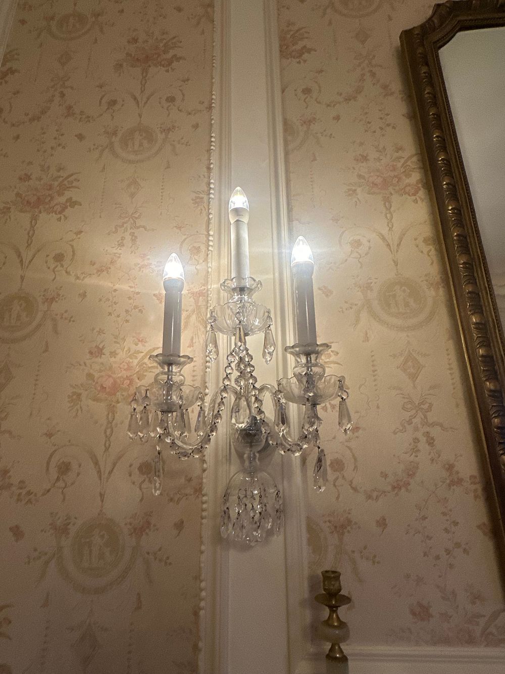 Lot 1239: A Pair of Antique/Vintage French Crystal Three-Light Wall Sconces, Classical Revival Style
