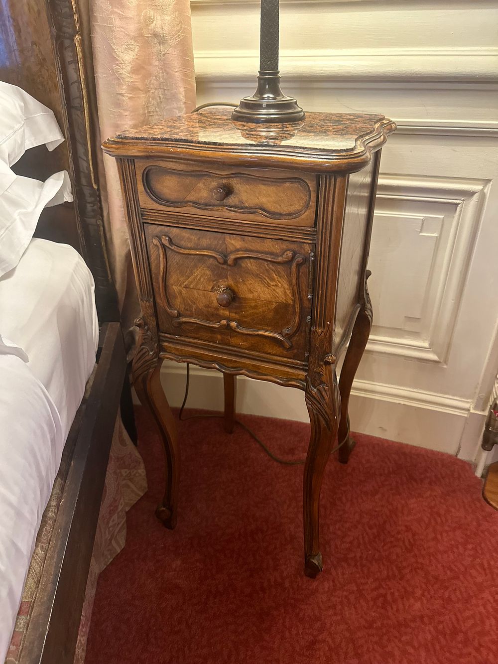Lot 1254: A Pair of Antique French Louis XV Style Marble-Top Bedside Cabinets