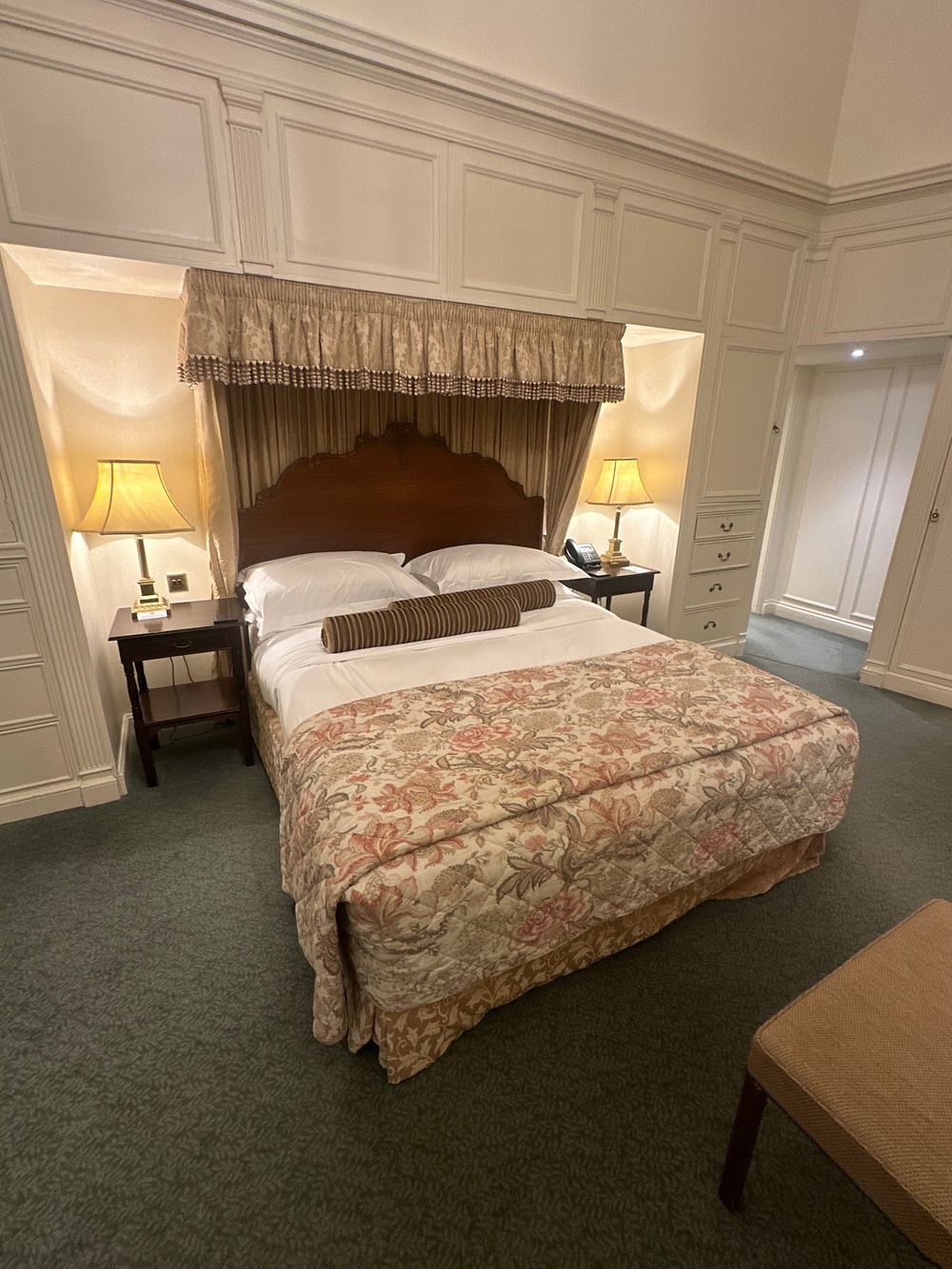 Lot 1271: 180 x 200cm Bed with Carved Wooden Headboard and Fabric Canopy Pelmet