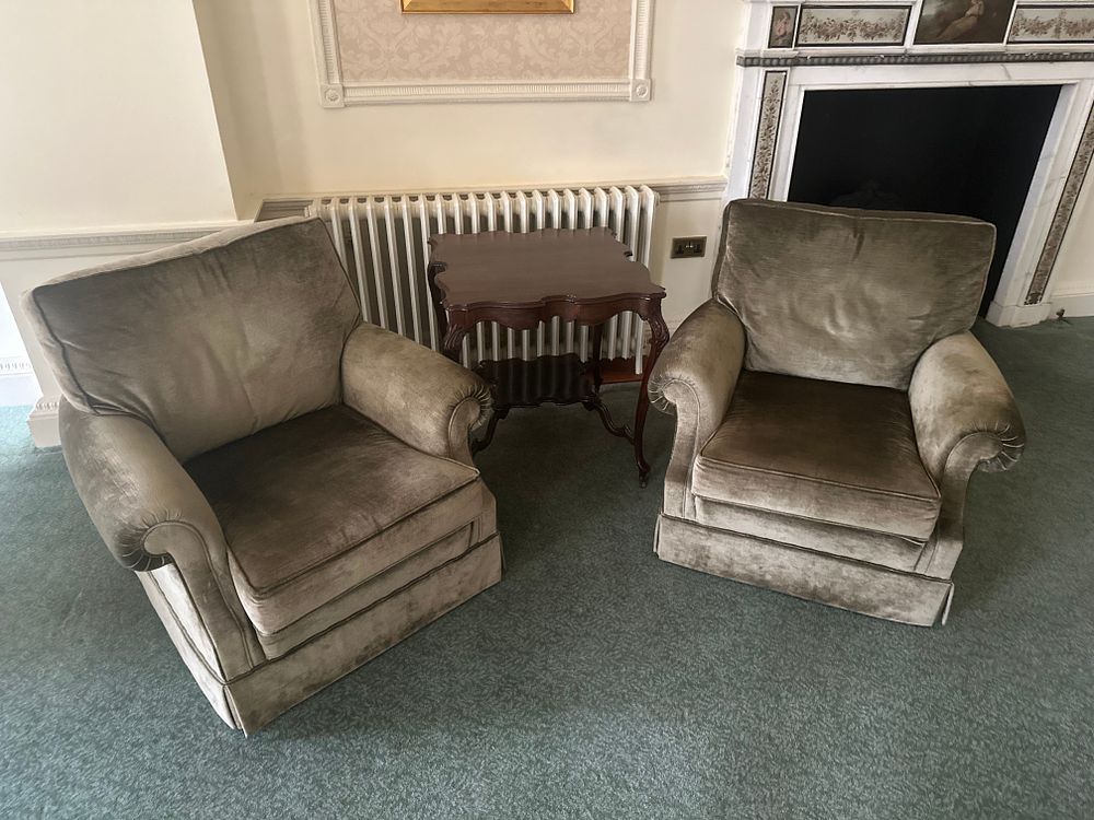 Lot 1281: A Pair of Upholstered Armchairs and a Queen Anne Style Side Table