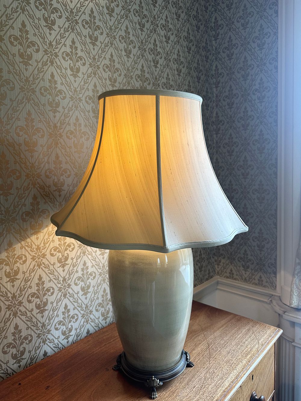 Lot 1320: Antique Chinese Celadon Glazed Art Pottery Table Lamp, circa 1930