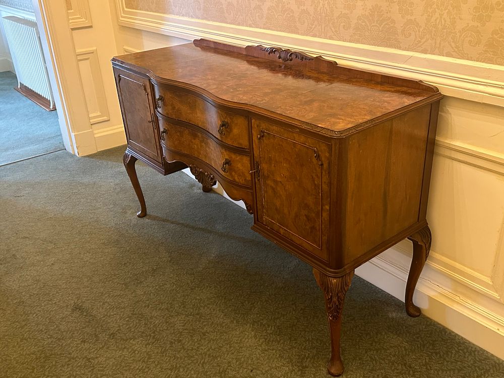 Lot 1331: English Chippendale Style Carved Burr Walnut Sideboard