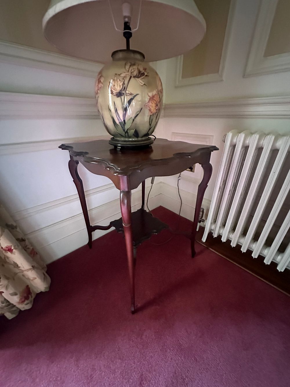 Lot 1352: An Edwardian Mahogany Two-Tier Lamp Table and a Floral Table Lamp