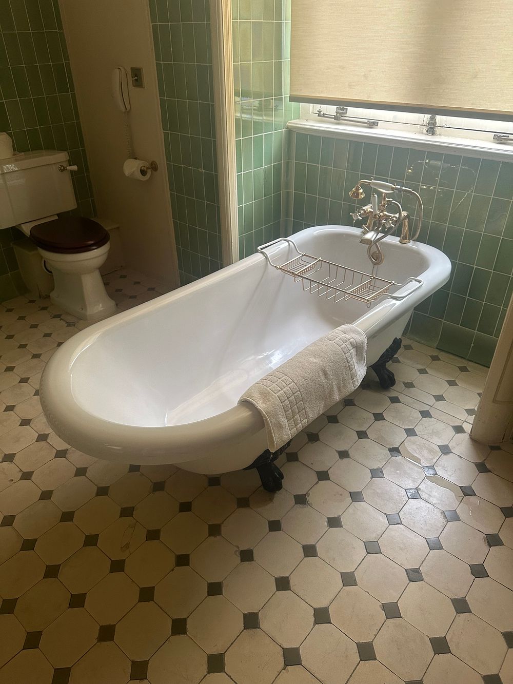 Lot 1357: A Late Victorian or Early 20th Century Enameled Cast Iron Slipper Clawfoot Bathtub with Brass-Tone Fittings and Caddy