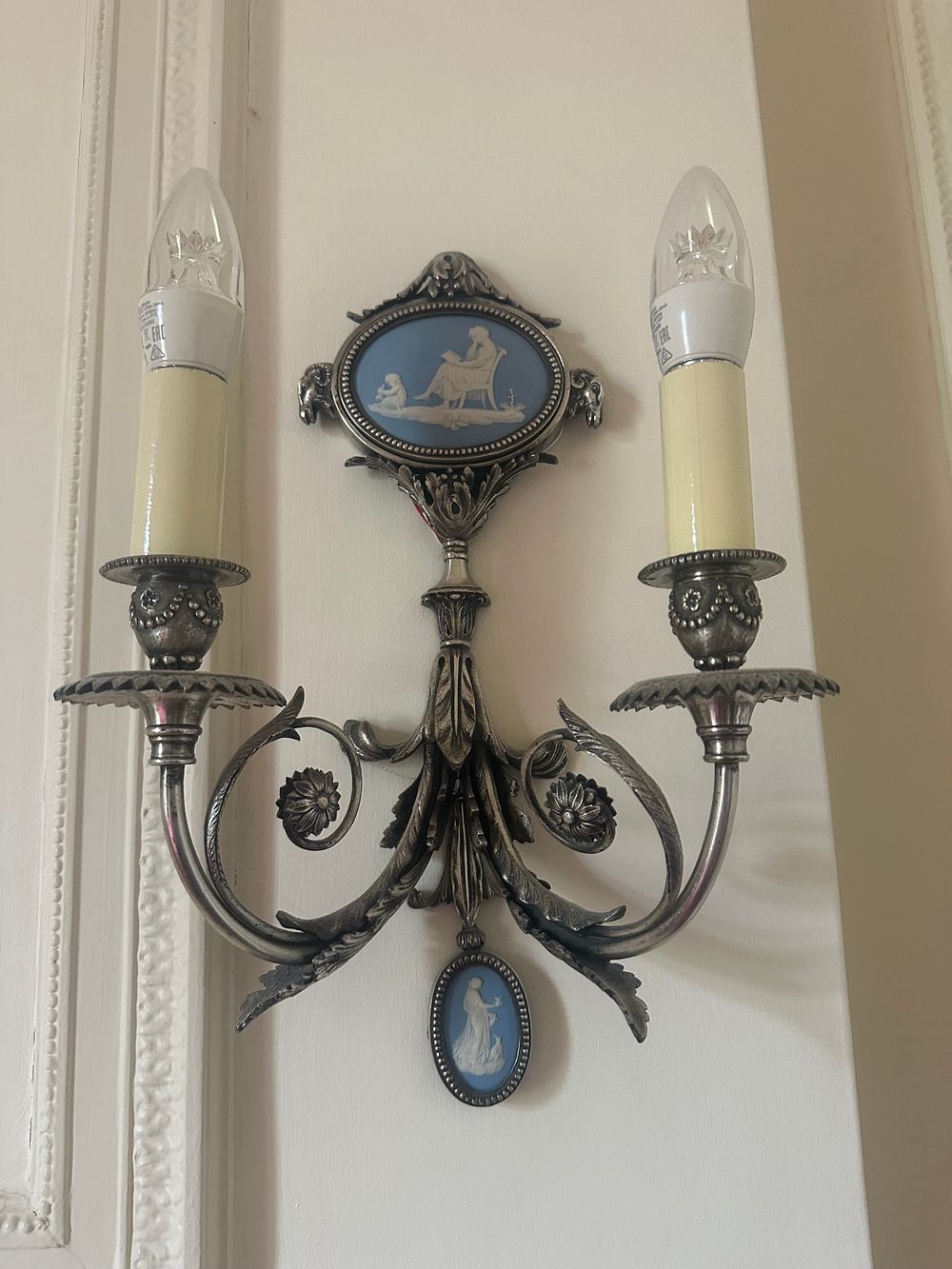 Lot 1358: A Pair of Wedgwood Neoclassical Silver-Toned Wall Sconces