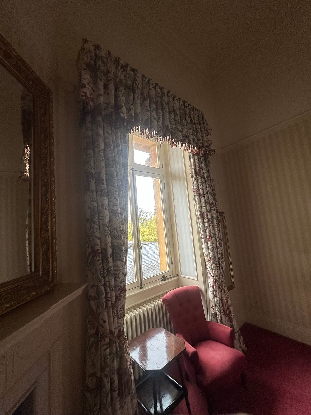 Lot 1390: Two Large Botanical Print Drapes with Gathered Valance and Tie-backs, 200 x 300cm