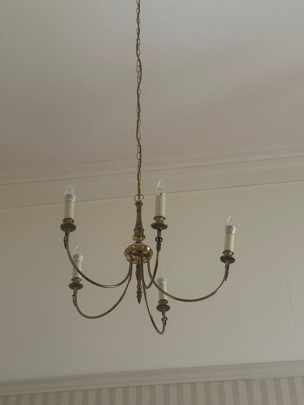 Lot 1403: A Mid-20th Century Style Five-Arm Brass Chandelier