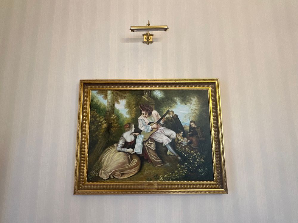 Lot 1424: A Rococo Style Fête Galante Oil Painting on Canvas, with Plaque Inscribed 'Jean-Antoine Watteau', 120 x 100cm