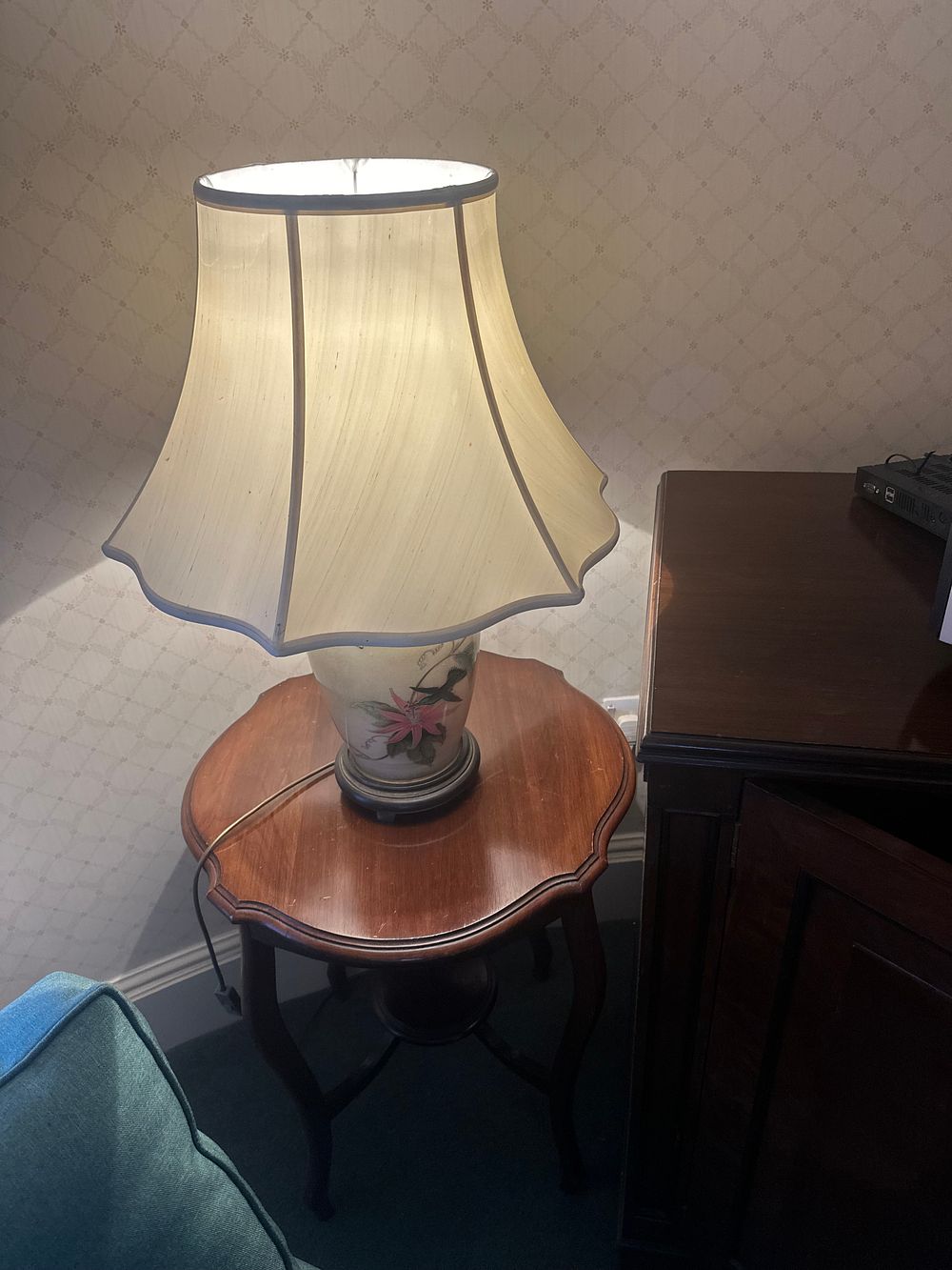 Lot 1437: A Chinese Porcelain Table Lamp and a Hardwood Side Table