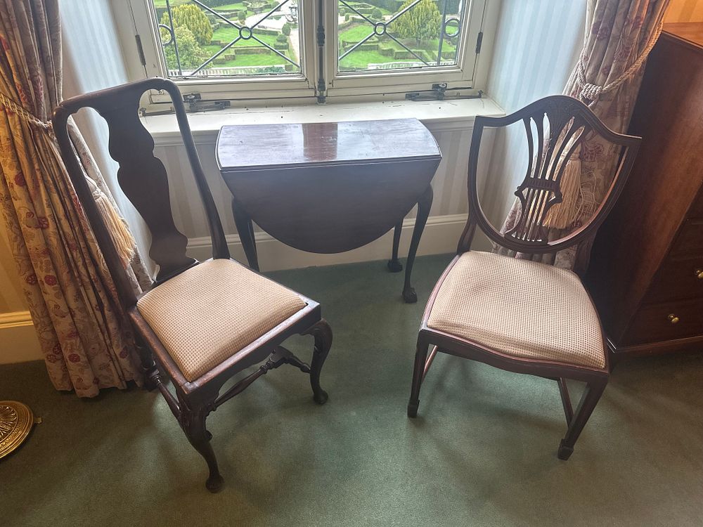 Lot 1451: Two Mahogany Side Chairs and a Drop-Leaf Table