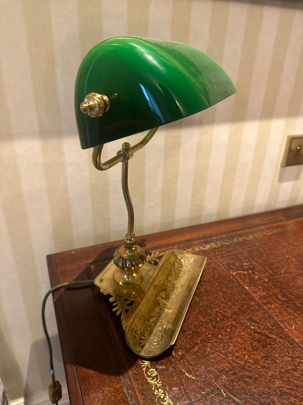 Lot 1503: A Vintage English Brass Banker's Lamp with Green Glass Shade