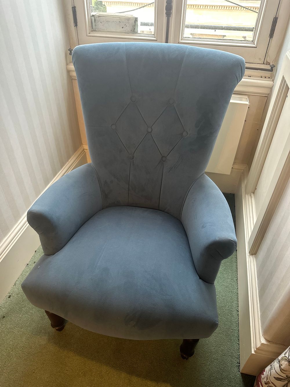 Lot 1504: An Upholstered Blue-Grey Velvet Armchair with Button Tufting