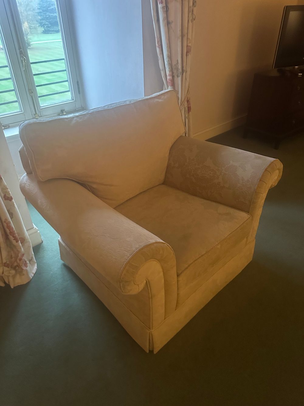 Lot 1526: A Traditional Style Cream Brocade Upholstered Armchair
