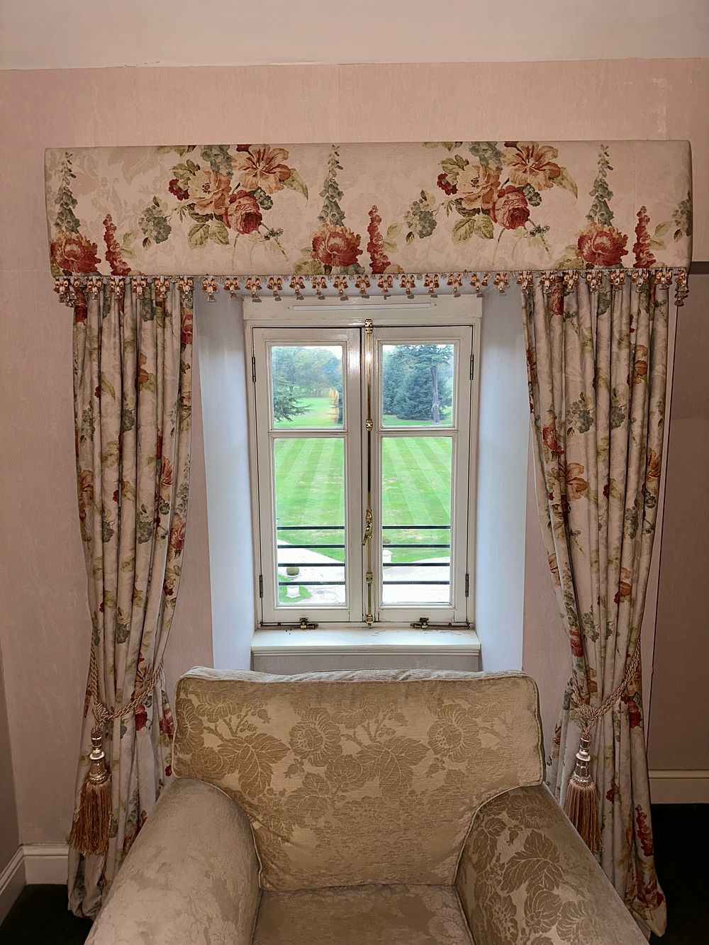 Lot 1532: 4 Pairs of Cotton Chintz Drapes, Supplied by Geoffrey Bennison, 200 x 300cm, with Matching Pelmet and Tie-Backs