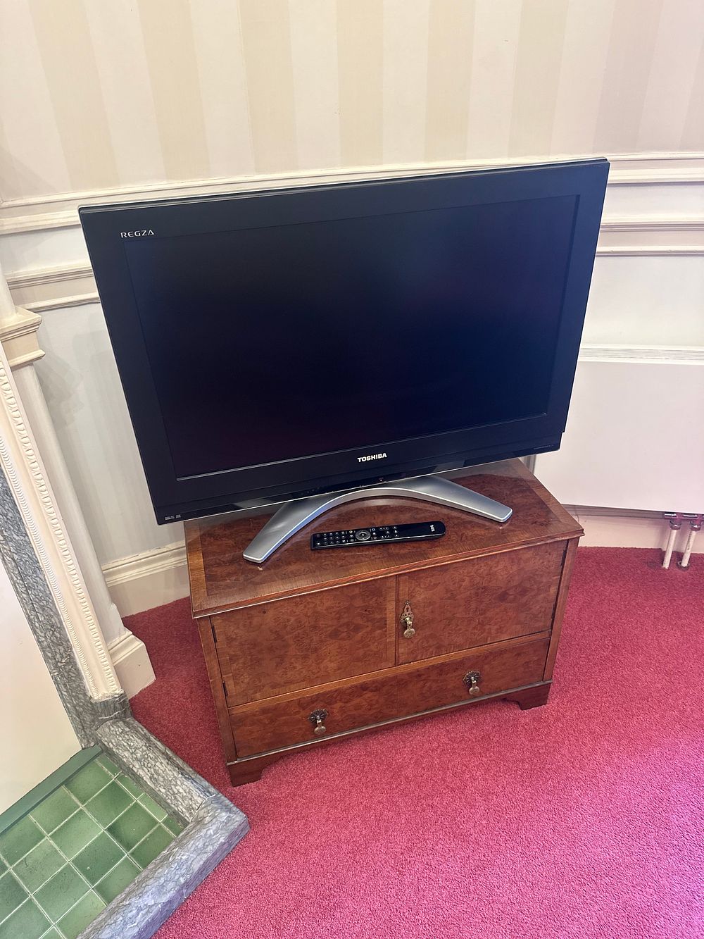 Lot 1608: Toshiba REGZA Television with a Burl Wood TV Lift Cabinet