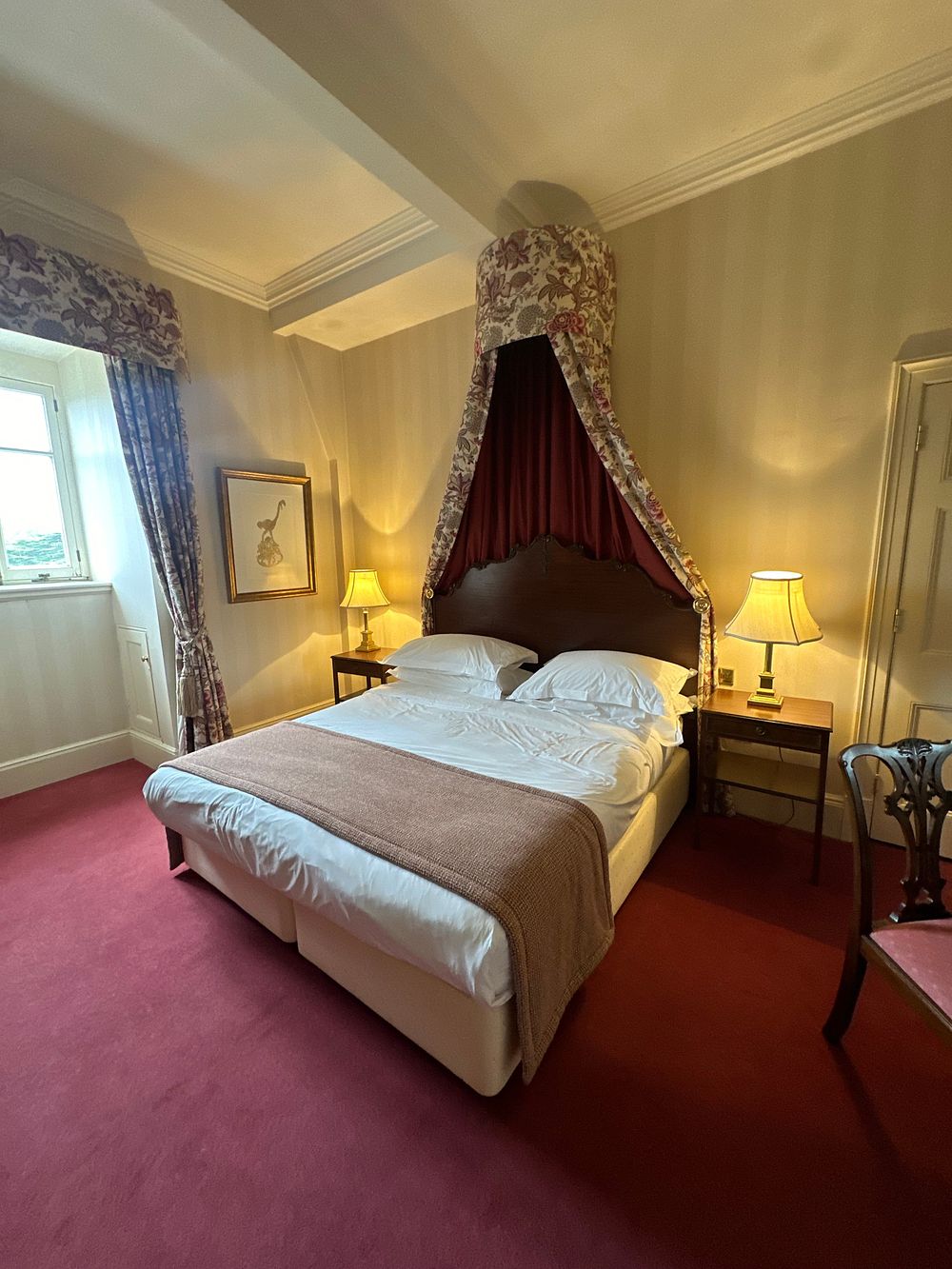Lot 1620: A Traditional Style Hardwood Bed with Carved Headboard and Fabric Semi-Canopy
