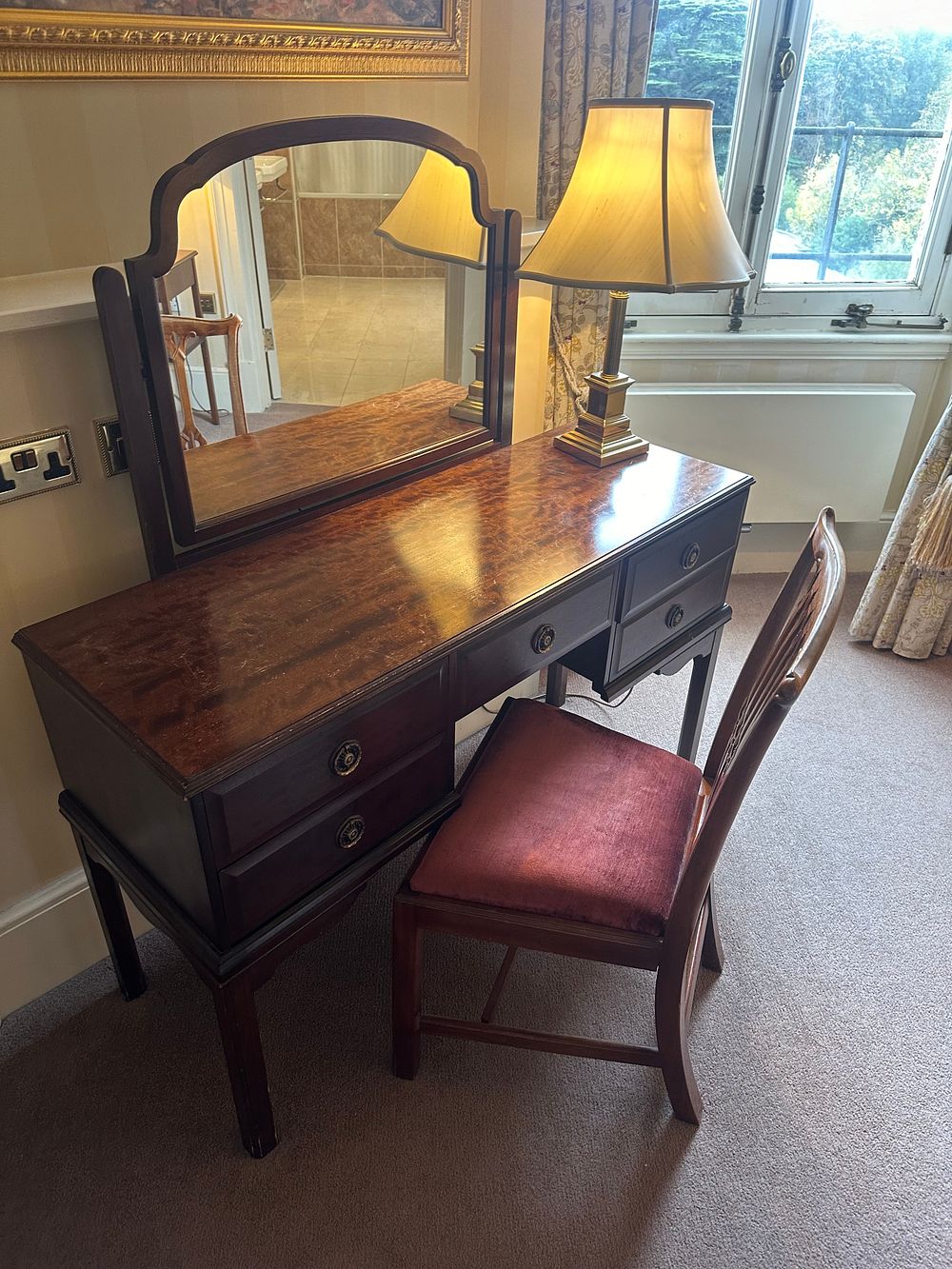 Lot 1632: A Dark Wood Dressing Table with Cheval Mirror and Accompanying Chair