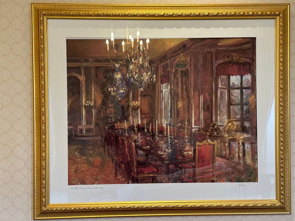 Lot 1656: A Framed Impressionistic Style Print, 'Dining Room, Luttrell Hall', signed Dollis