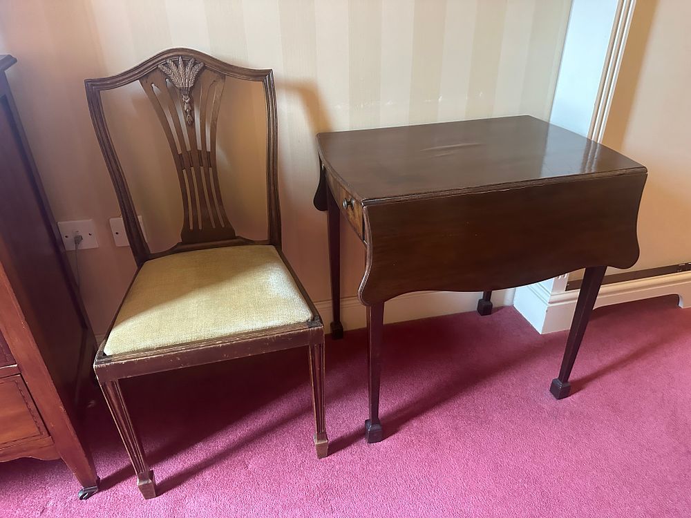 Lot 1685: A Collection of Mahogany Furniture, Comprising a Pembroke Table, Three Occasional Tables, a Dining Chair, and a Chest of Drawers