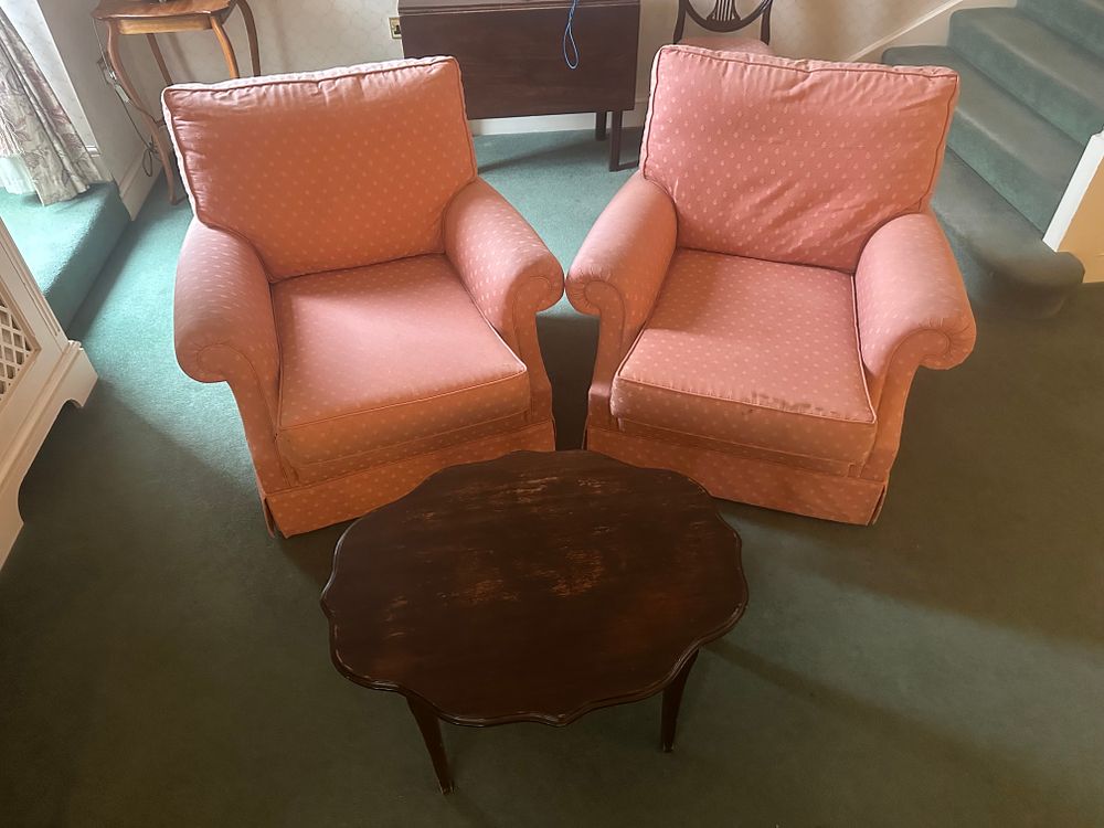 Lot 1745: A Pair of Upholstered Armchairs and an Occasional Table