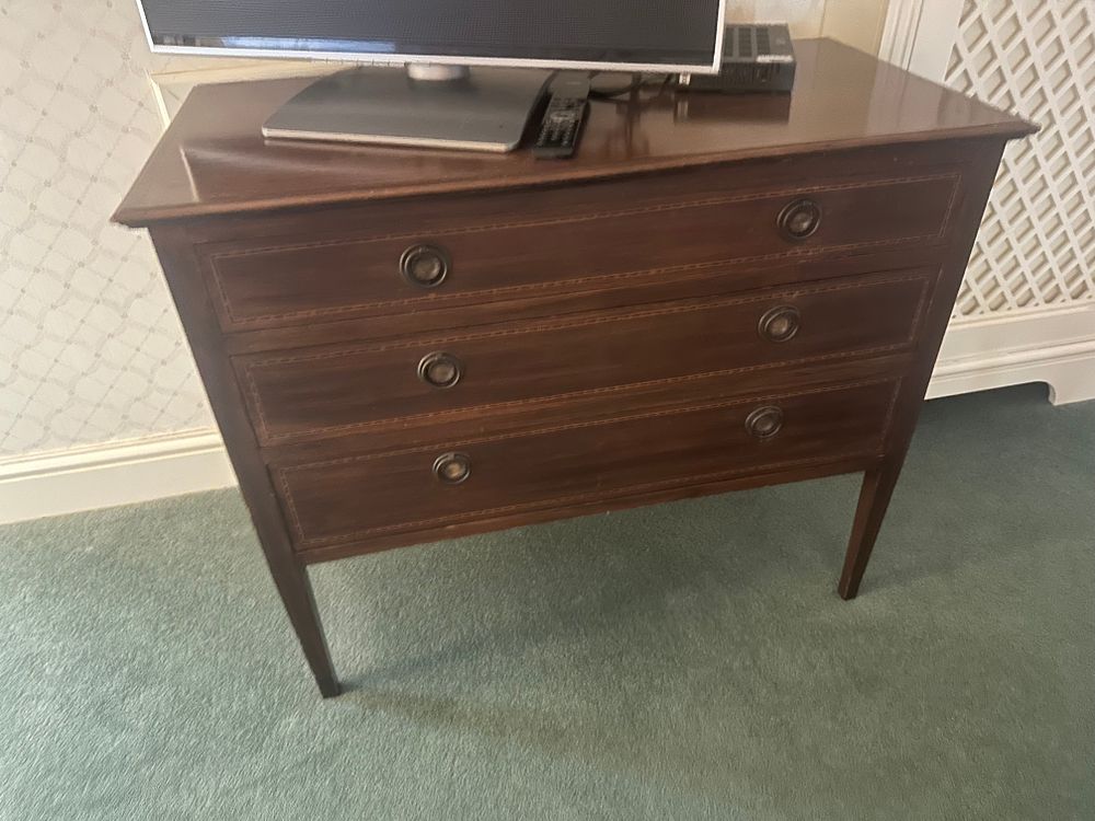 Lot 1747: A Group of Furniture: Comprising a Chest of Drawers, Two Tables, and a Side Chair.