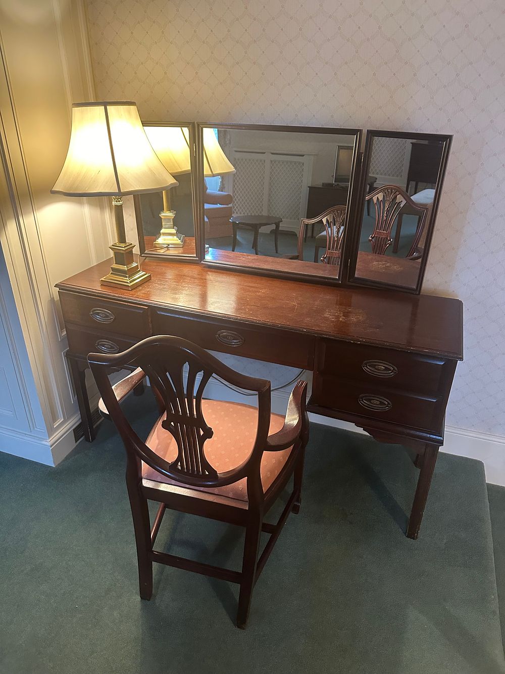 Lot 1750: A Hepplewhite Style Mahogany Desk and Armchair with Tripartite Mirror