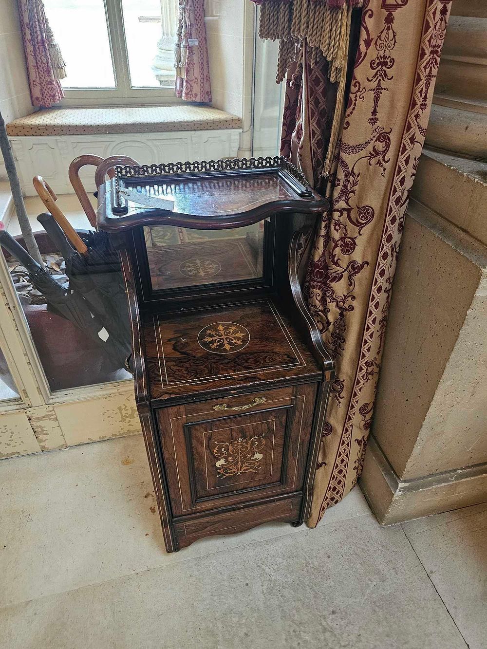 Lot 5: An Edwardian Inlaid Rosewood Fall-Front Coal Purdonium with Mirror