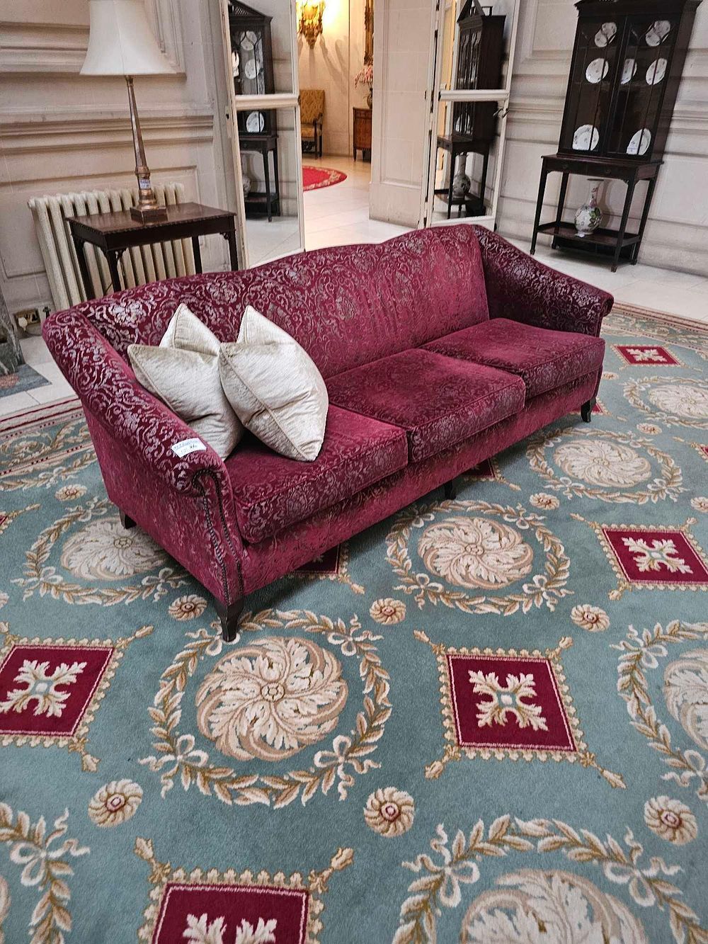 Lot 26: A Georgian-Revival Red Velvet Upholstered Three-Seater Sofa, English, Late 19th/Early 20th Century