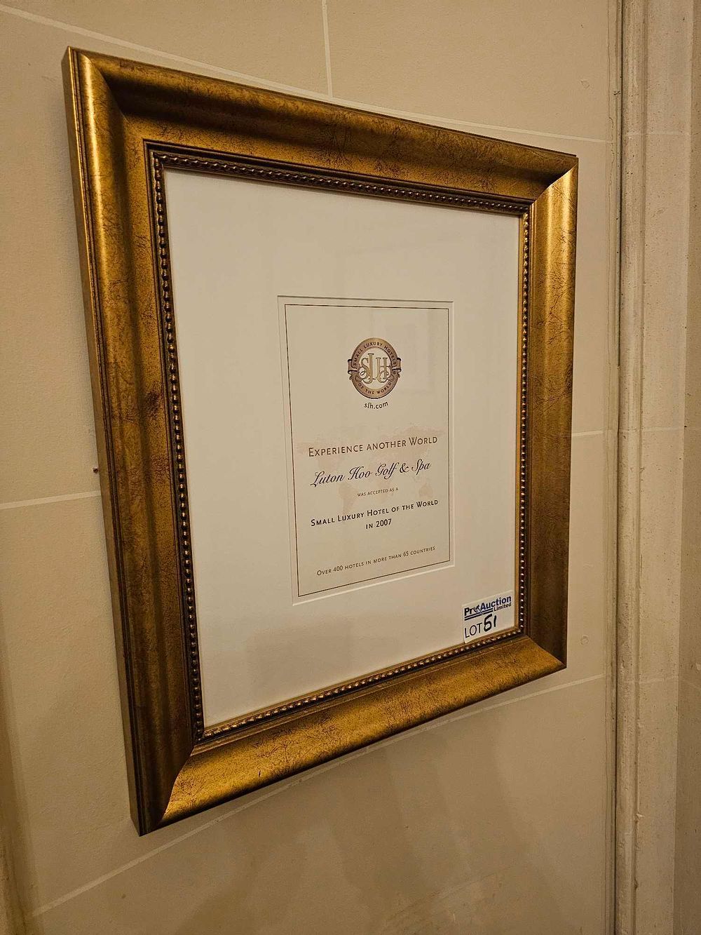 Lot 51: A Fram Framed Small Luxury Hotels of the World Certificate for Luton Hoo Golf & Spa, 2007