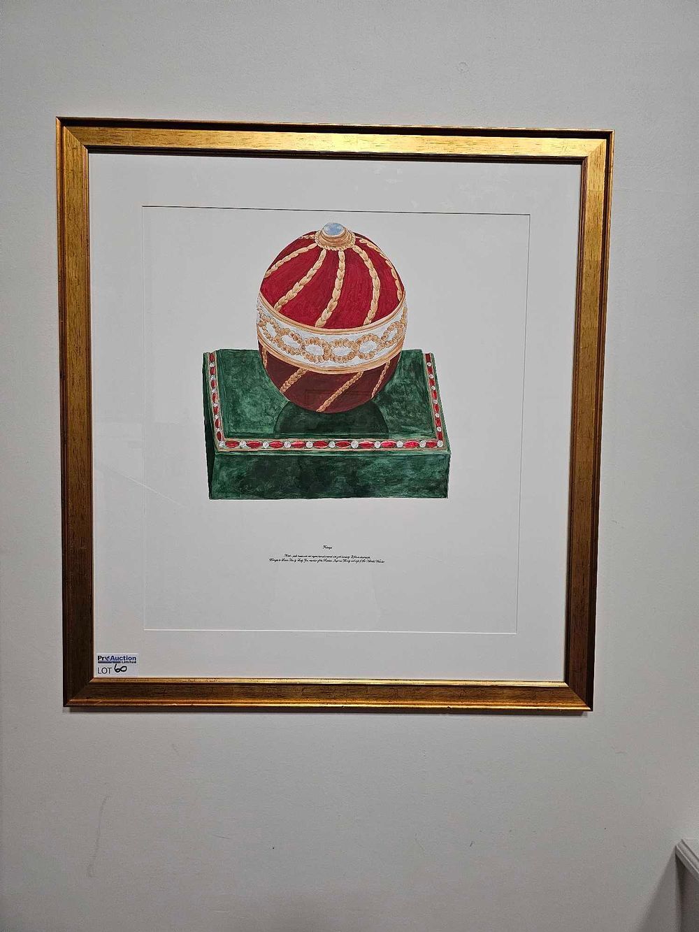 Lot 60: A Framed Watercolor or Gouache Illustration of a Fabergé Bell-Push, with Inscribed Provenance