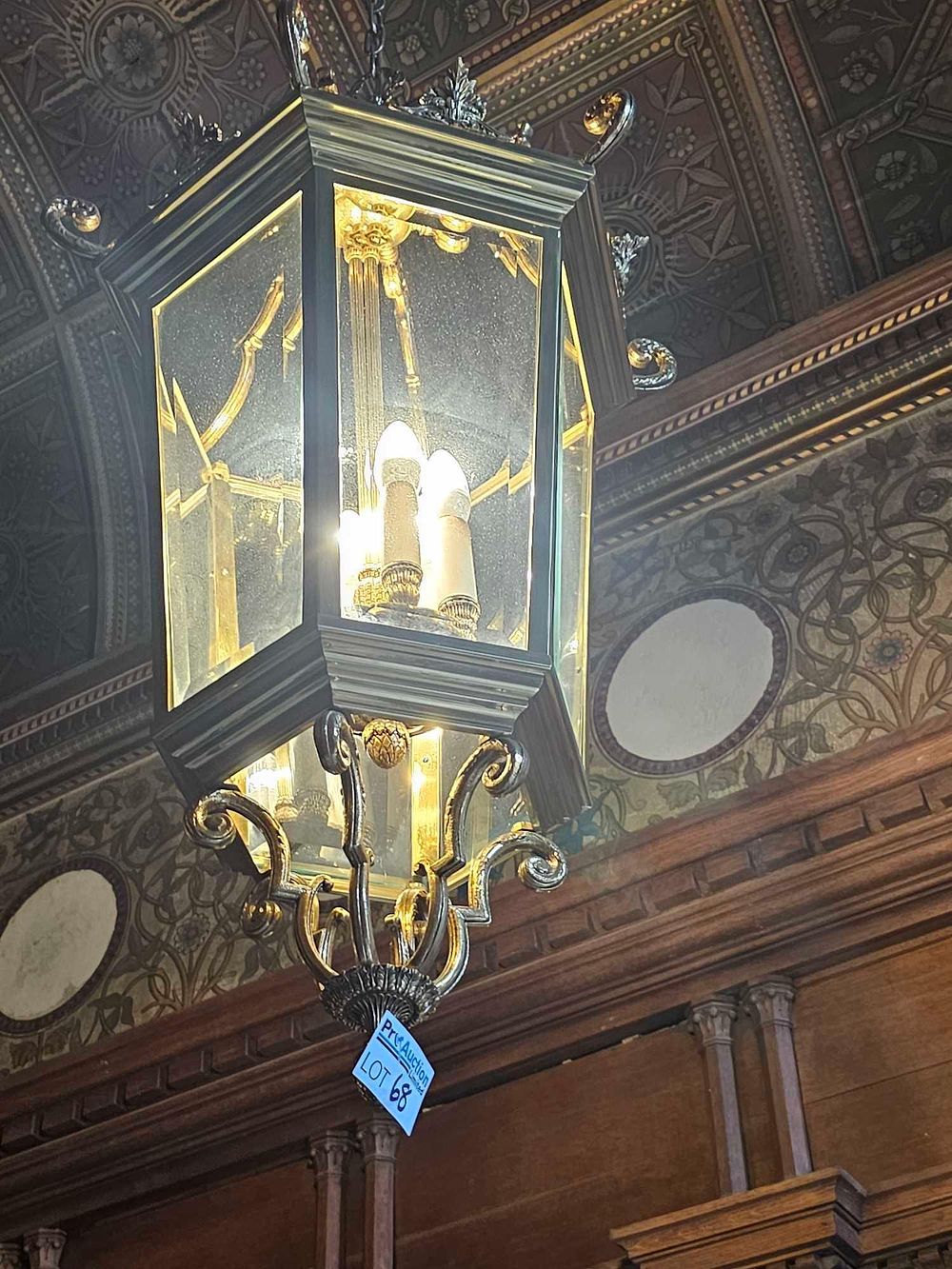 Lot 68: A Large Patinated Bronze and Glass Hexagonal Lantern Chandelier, Edwardian Style