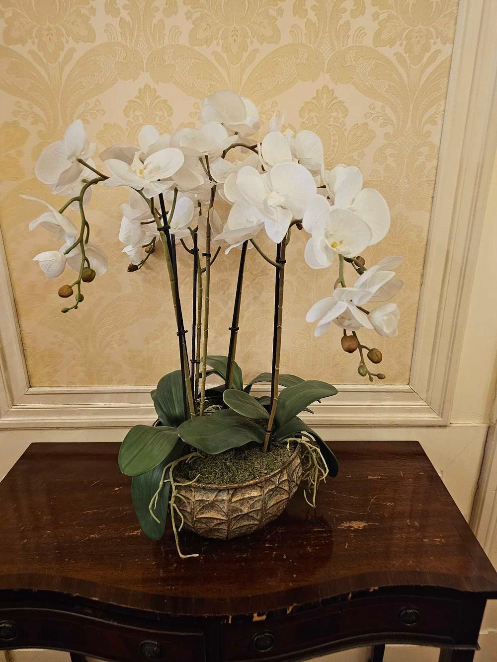 Lot 72: Artificial White Phalaenopsis Orchid Arrangement in a Textured Planter